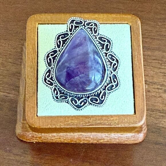 Natural Amethyst Faceted Teardrop Solitaire Sterling Silver Statement Ring Sz 8 - Picture 2 of 7